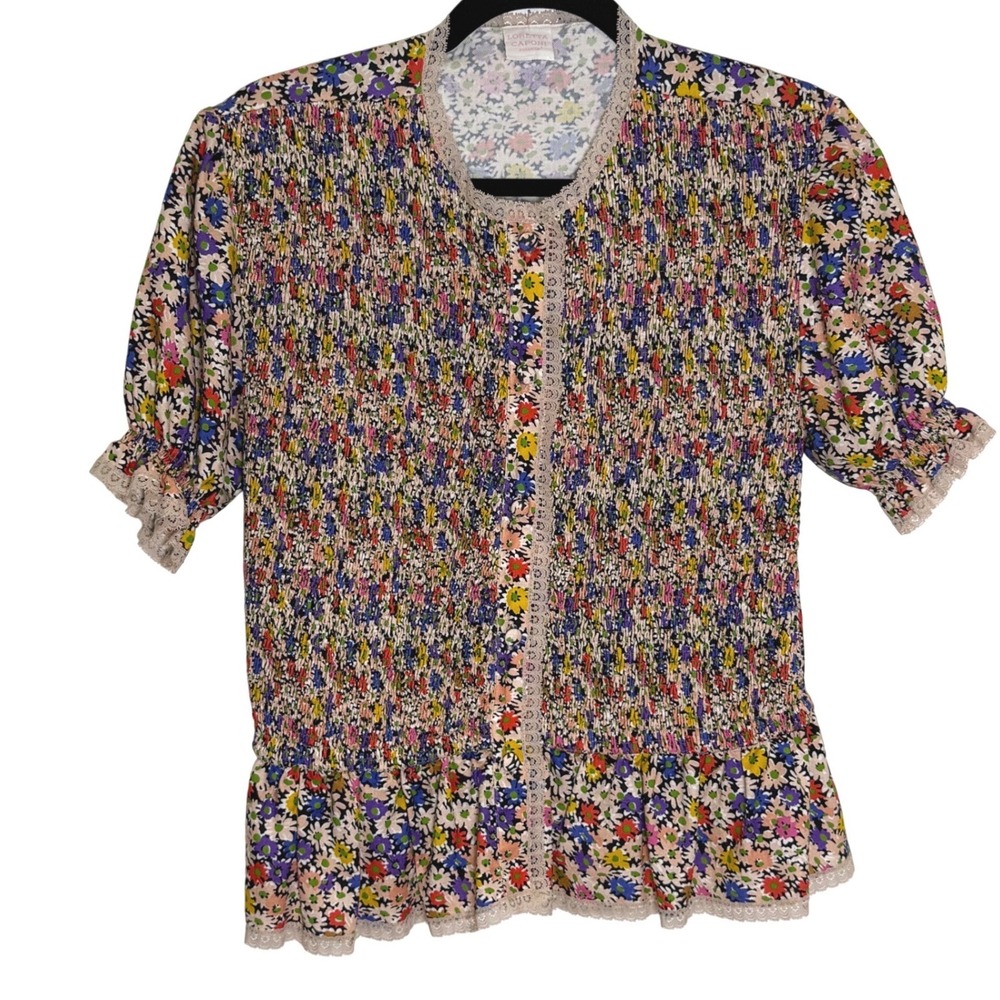 Loretta Caponi Smocked Floral top Lace Trim Peplum cottagecore romantic Coquette